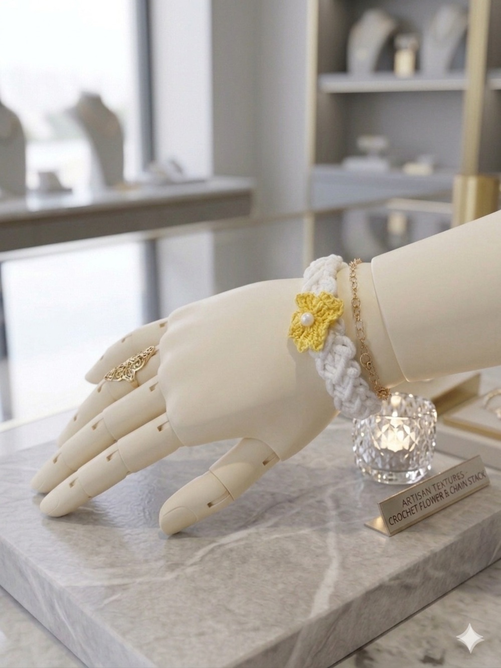 Handmade White Crochet Bracelet with Yellow Flower